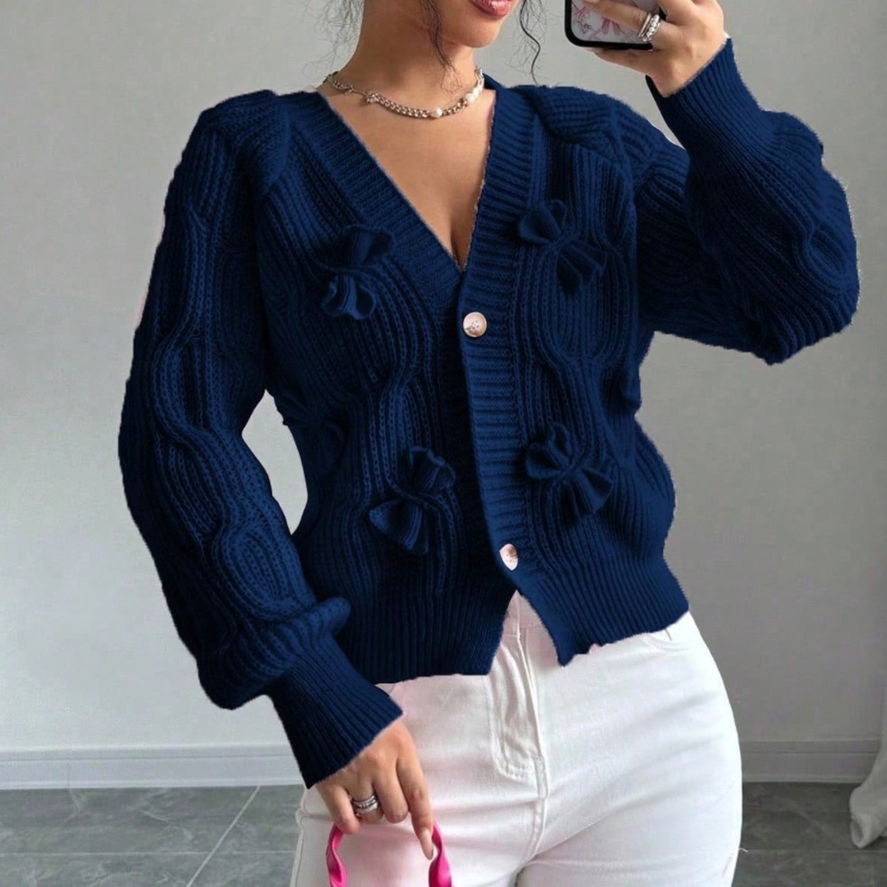 Classic Solid Bow Detail Button Down Fitted Cardigan
